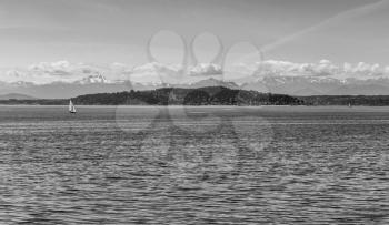 A view of the Olympic Mountains across the Puget Sound in Washington State.