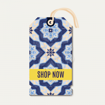 Tag with Portuguese blue ornament azulejos. Template for gift coupon, voucher, tags, 
