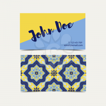 Business card with blue ornaments Portuguese azulejos. Template for corporate identity