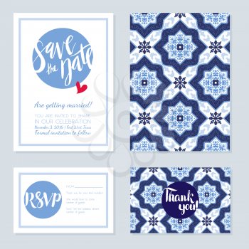 Antique, vintage card wedding azulejos in Portuguese tiles style. Blue pattern for invitations, greeting cards happy birthday, save the date, rsvp, thank you, Portuguese weddings.