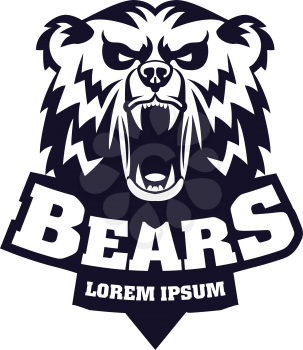 Bear Head Logo Mascot Emblem on shield. Talisman college sports teams, e-sport, school logo, tattoo, avatar, print t-shirt. The design of the character of a wild grizzly. Vector illustration.