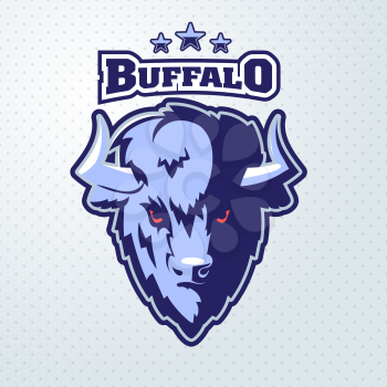 Buffalo Head Logo Mascot Emblem. Talisman college sports teams, e-sport, bull school logo, tattoo, avatar, print t-shirt. The design of the character of a wild bison. Vector illustration.