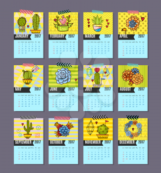 Calendar for 2017 of cacti, succulents in a contemporary style on a blue background and patterns. Vector.