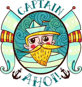 Seaman Illustration with a lighthouse in the style of an old tattoo. Lovable Captain Ahoi salty seas with a beard and mustache, paper boats and flags. Printing on T-shirt, bag, poster