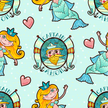 Sweetheart mermaid and Seaman seamless pattern. Kawaii girl sea Naiad Maritime princess. Old school style. Endless For kid prints on T-shirts, bags, cards, old school tattoos. Vector illustration