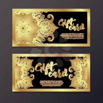 Rich gold gift certificates in the Indian style. Bohemian Cards with mandalas. Black and gold. Unique cards for printing supplies