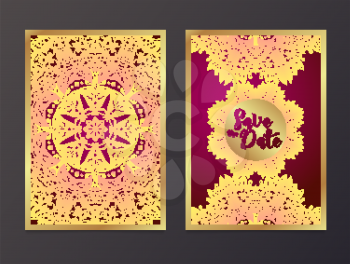 Rich Wedding Invitations, Indian style. Bohemian Cards Save this date with mandalas. Deep purple and gold. Unique cards for printing supplies