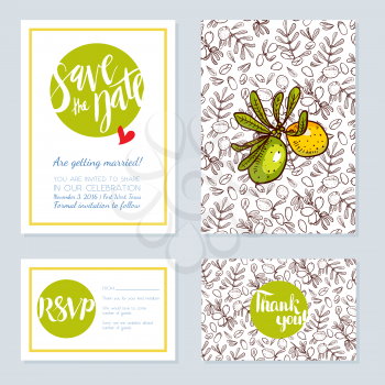 Set of wedding cards, invitations for a bachelorette party in eco-style with argan tree