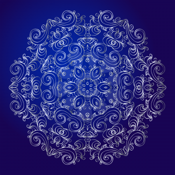 Mandala, amulet. Round vintage ornament, medallion, floral mandala. Esoteric silver symbol on a blue background. Om sign in the eastern style, indian ethnic pattern. Hand drawn. It can be used for tattoo prints on t-shirts, design and ad restaurants, wedding cards