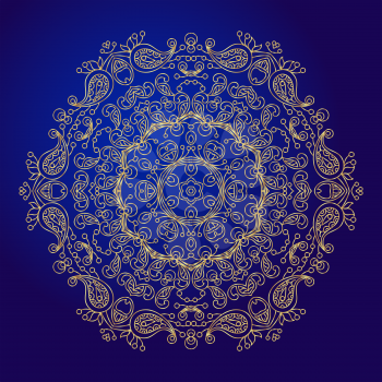 Mandala, amulet. Round vintage ornament, medallion, floral mandala. Esoteric gold symbol on a blue background. Om sign in the eastern style, indian ethnic pattern. Hand drawn. It can be used for tattoo prints on t-shirts, design and ad restaurants, wedding cards