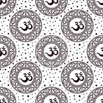 Om symbol seamless pattern. Vintage elements of black on a white background. Decal, coloring book for adults, tattoo. Buddhist, Indian motifs yoga, meditation, spirituality. 