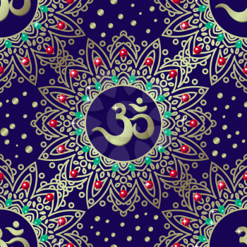 Om symbol seamless pattern. Vintage Gold on blue, indigo background. Buddhist motifs yoga, meditation, spirituality.