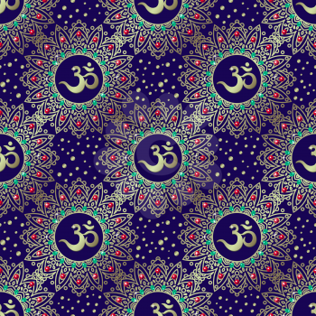 Om symbol seamless pattern. Vintage Gold on blue, indigo background. Buddhist motifs yoga, meditation, spirituality.