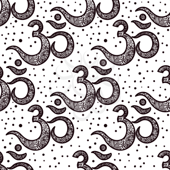 Om symbol seamless pattern. Vintage elements of black on a white background. Decal, coloring book for adults, tattoo.  Buddhist, Indian motifs yoga, meditation, spirituality.