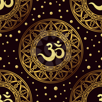 Om symbol seamless pattern. Vintage Gold on a black background. Buddhist, Indian motifs yoga, meditation, spirituality.