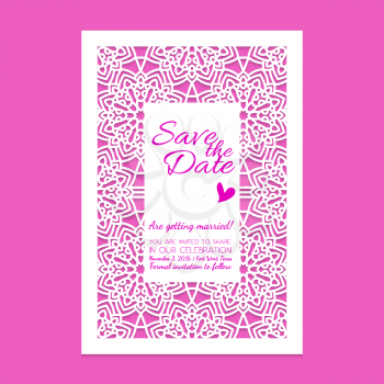 Save the date cards. Template for Laser cutting vintage pattern. Wedding invitations, bridal shower, baby shower, birthday, bachelorette party, party. Floral decorative ornaments. Vector design