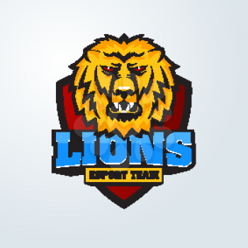 Mascot the muzzle of a lion on board. Leo talisman college sports teams, e-sport, school logo, tattoo, avatar, print t-shirt. The design of the character of a wild African cat. Vector illustration.