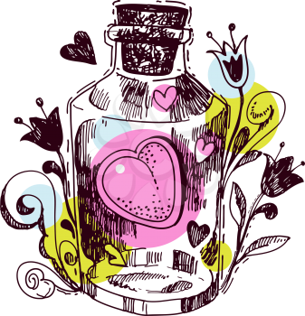 Romantic love potion. Heart  of an elixir in the style hand drawn to print on t-shirt, bag, postcard