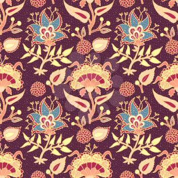 Indian National paisley ornament for cotton, linen fabrics. Tribal flowers seamless pattern. Bohemian ornament for taps. Texture for wrapping, skins smartphones, textile wallpapers, surface design