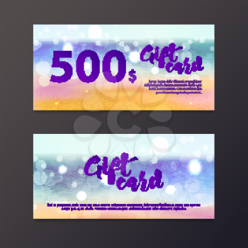 A gift certificate to the sea and the beach is out of focus. Card with blurred background and bokeh. Save 500 on a trip to the tropics, beach holiday. Gift voucher for the resort.
