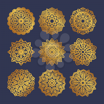 Set of gold mandalas. Indian wedding meditation. Buddhist medallion. It can be used for tattoo prints on t-shirts, design and ad restaurants. For postcards design wedding invitations, photo overlays.