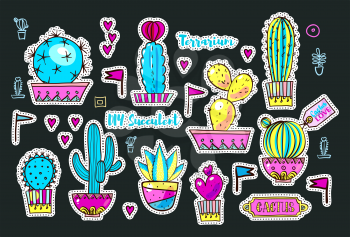 Set Fashion patches, brooches with cacti, hearts, flags. Cute Vector Doodles funny, clothes pins, jacket, stickers, patches, pins, badges. Cartoon style of the 80s, 90s Modern Pop Art Embroidery