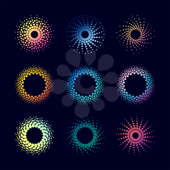Set Halftone gradient dots circle. Spotted flash . Logo Design Element. Vector poster.