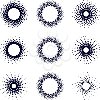Set Halftone dots circle. Spotted flash . Logo Design Element. Vector