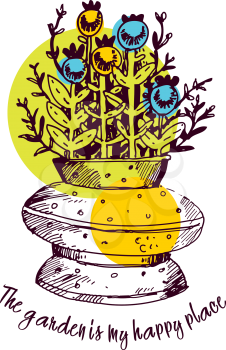 Lettering the garden is my happy place. Bouquet in a vase of twigs, blue berries, flowers. Vector illustration in sketch style
