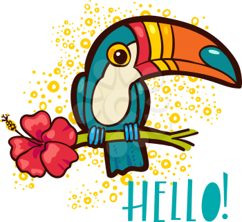Bird Toucan Ramphastida , tropical hibiscus flower in cartoon style. The phrase Hello. Suitable for print on t-shirt, poster jungle postcard for children