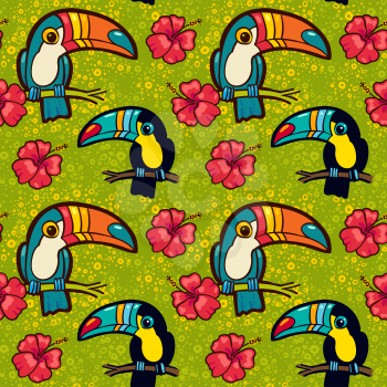 Toucan and Hibiscus. Tropical Green seamless pattern. Vector ornament in cartoon style. American  bill, ramphastida. Texture for scrapbooking, wrapping paper, web, textile, surface design, fashion