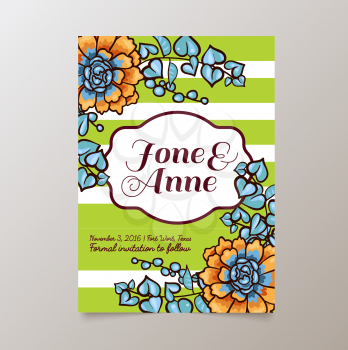 Wedding. Save The date.Trend cards with succulents and striped background. Stylish and fashionable design template invitations. Central white copy space for your text.