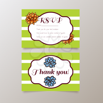 Wedding. RSVP and Thank you.Trend cards with succulents and striped background. Stylish and fashionable design template invitations. Central white copy space for your text.