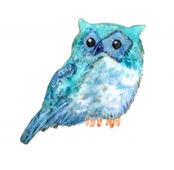 Sweet watercolor owl. Funny blue bird. The animal is suitable for prints on apparel, baby shower cards, T-shirts, bags, covers smartphones, baby products, posters.