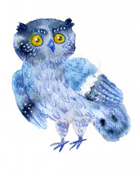Sweet watercolor owl. Funny blue bird. The animal is suitable for prints on apparel, baby shower cards, T-shirts, bags, covers smartphones, baby products, posters.