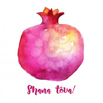 Traditional Rosh Hashanah wishes card. Watercolor Pomegranate symbol of sweet life, symbolizes fruitfulness. Jewish New Year. Greeting text Shana tova on Hebrew - Have a good year.