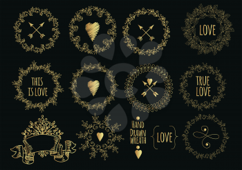 Collection of handdrawn gold laurels and wreaths. Floral wreath with copyspace for your text. Save the date, wedding or invitation card design element. Valentine card design template.