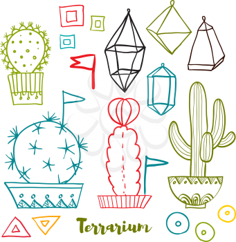 Cacti and succulents in pots. Tags and labels. In the hand drawn style. Set for scrapbooking, decal, stickers