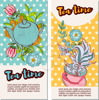 Time to drink tea. Vertical banners with retro polka dot on the background. Style hand-drawing.