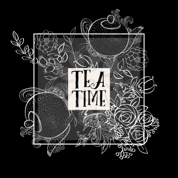 Time to drink tea. The square fashion white card, party invitation. Style hand-drawing.