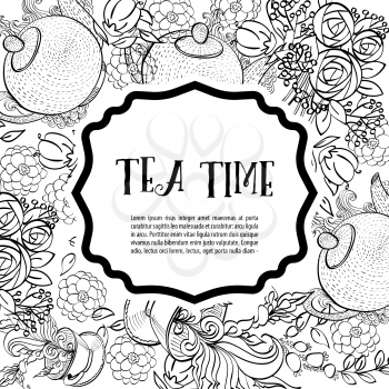 Time to drink tea. The square monochrome fashion card, party invitation. Style hand-drawing.