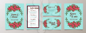 Trendy blue card with roses for weddings, save the date invitation, RSVP and thank you, valentines day  cards. Contemporary glamour  template 