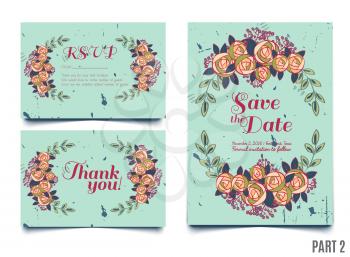 Trendy blue card with roses for weddings, save the date invitation, RSVP and thank you, valentines day  cards. Contemporary glamour  template 