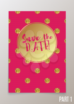 Trendy card for weddings, save the date invitation, RSVP and thank you, valentines day  cards. Contemporary glamour  template decorated with gold sequins.