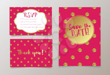Trendy card for weddings, save the date invitation, RSVP and thank you, valentines day  cards. Contemporary glamour  template decorated with gold sequins.