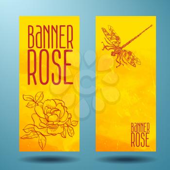Banners with rose and dragonfly in doodle style on yellow grungy background