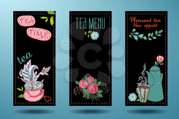 banners with cups, teapots and tea, tea card on a black chalkboard