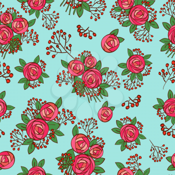 seamless texture with vintage roses and bouquets of red berries and ranunkulyusov