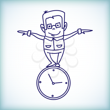 cartoon businessman in glasses teetering on the large round clock, manages time and time of Management
