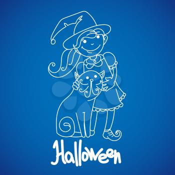 girl witch standing on a blue background, holding a broom, cat sitting next to, in the style of doodle